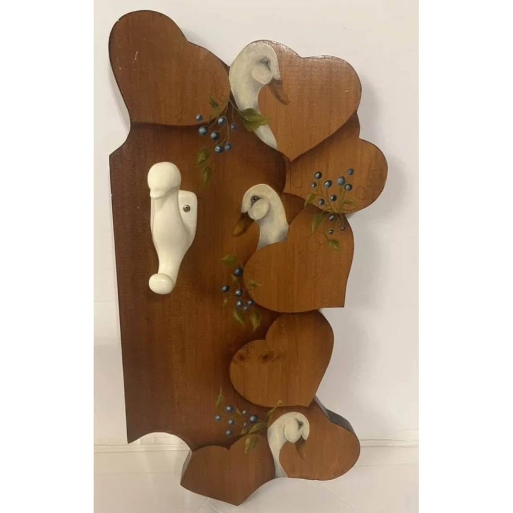 Vintage Wood & Ceramic Duck Wall Decor Hand-Painted Cottage Core Hook Brown